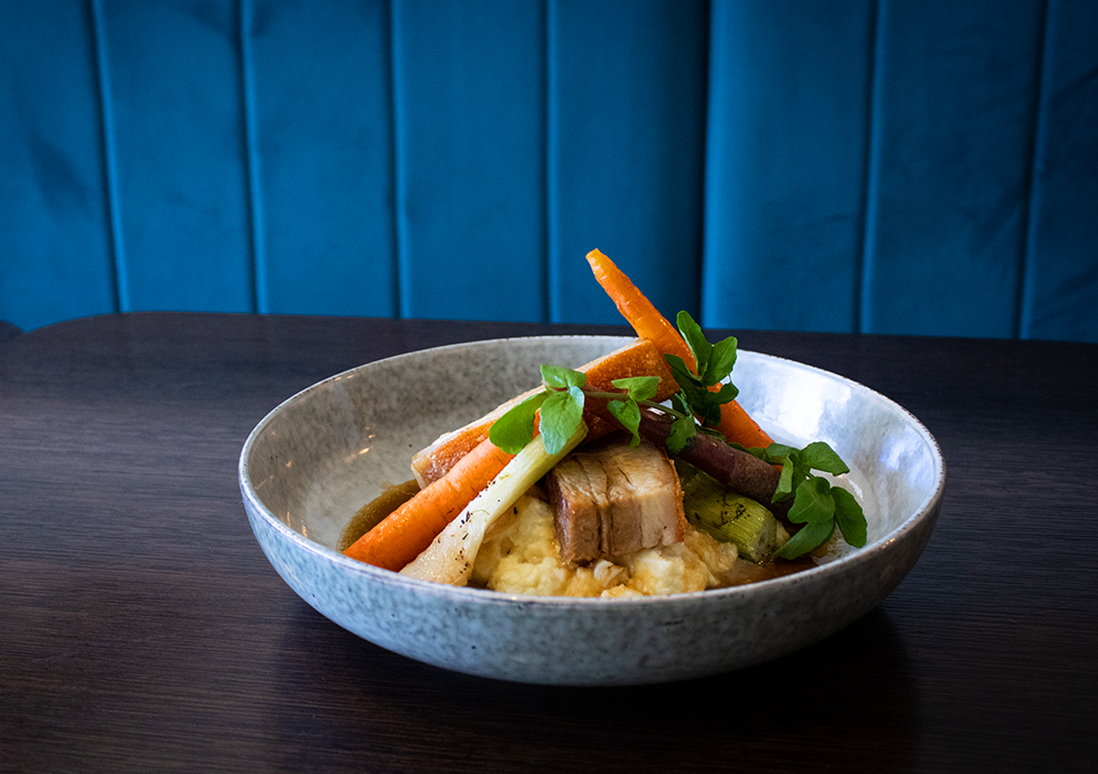 Morell Freedom Farms crispy pork belly, organic baby carrots, baked fennel and cauliflower crush