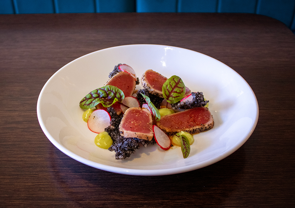 Morell Seared tuna sashimi, wasabi mayo, burnt chilli dressing and crispy squid ink tapioca wafers