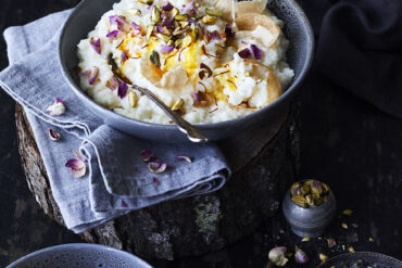 Kheeraj with Rose Petals & Pistachios. My Indian Cookbook by Ashia Ismail Singer. Published by Potton & Burton.
