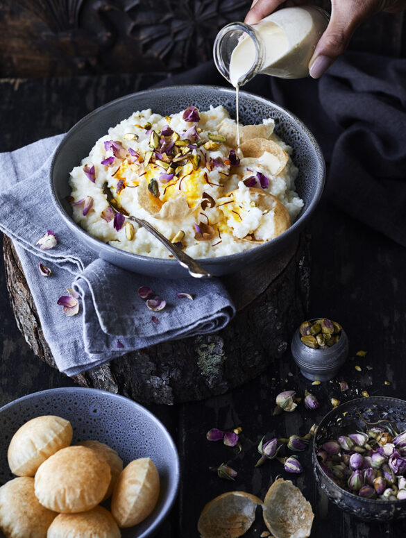 Kheeraj with Rose Petals & Pistachios. My Indian Cookbook by Ashia Ismail Singer. Published by Potton & Burton.